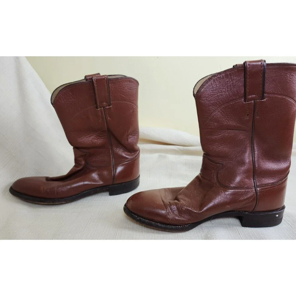 Justin Brown Leather Western Roper Cowboy Boots Men's Size 8.5 D Style 3404